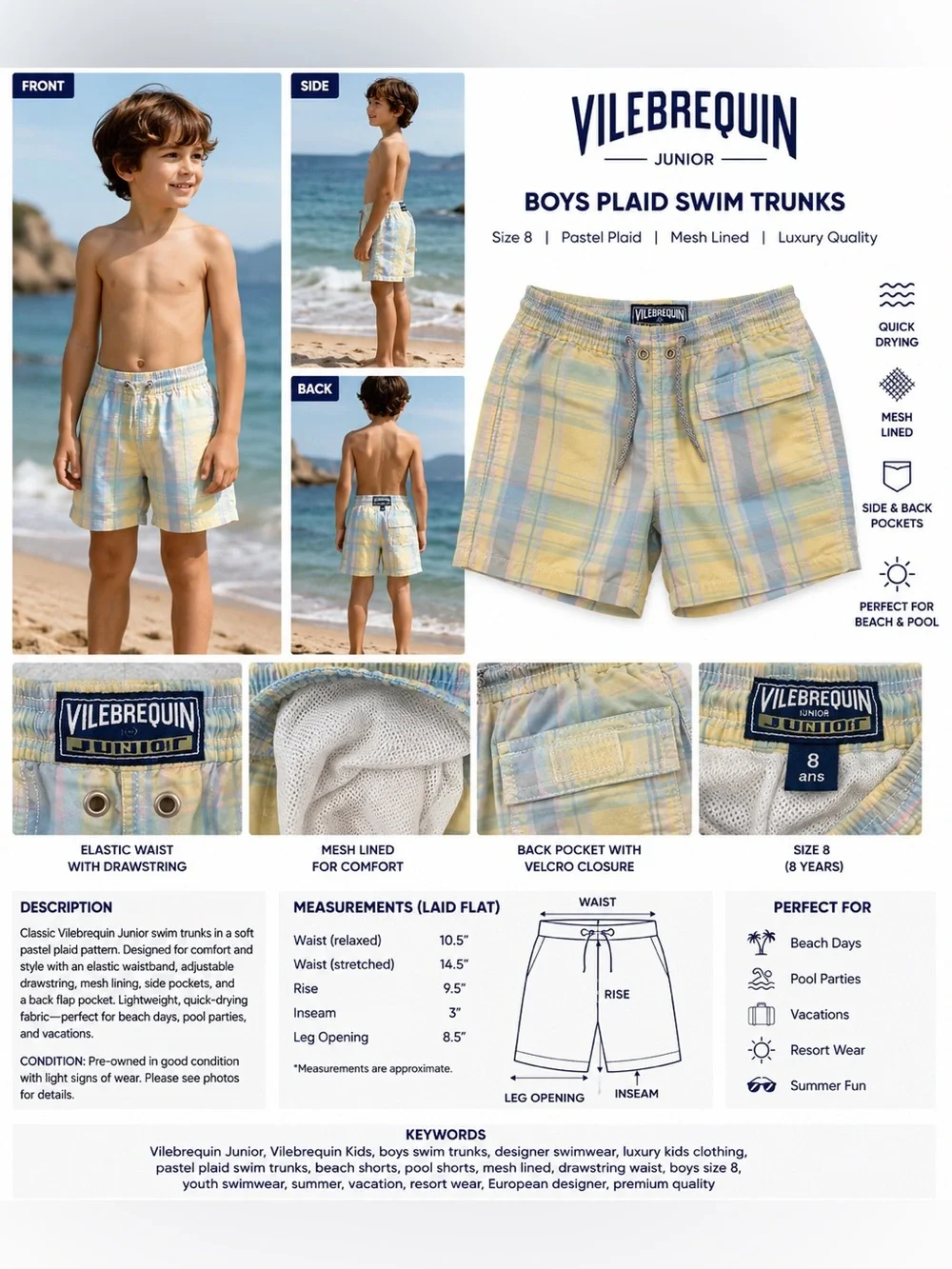 Vilebrequin Junior Boys Plaid Swim Trunks Size 8 Pastel Blue Yellow Mesh Lined